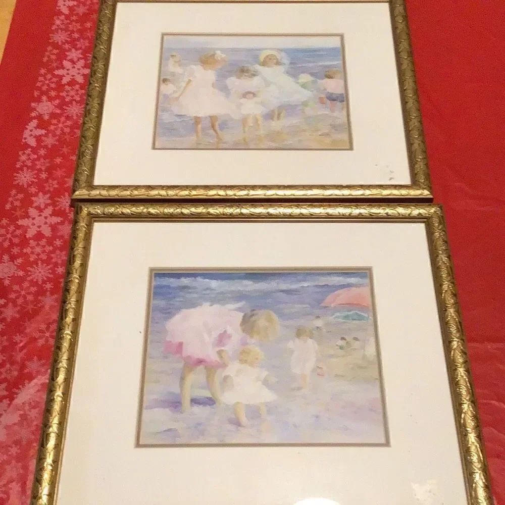 Pictures pair of two framed and signed children on beach size 13 x 15